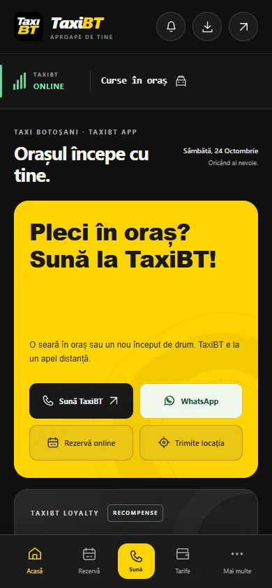 Preview al interfeței TaxiBT App