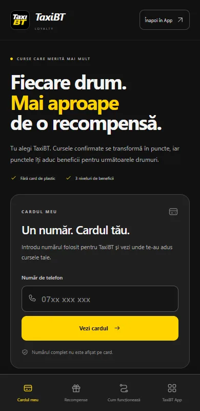 Preview al interfeței TaxiBT Loyalty